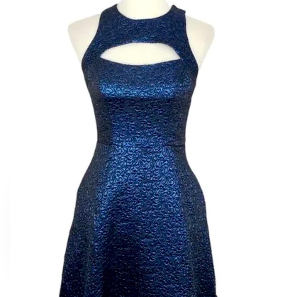 ABS Womens Blue Open Back Embroidered Metallic Flare Mini Dress Size 2